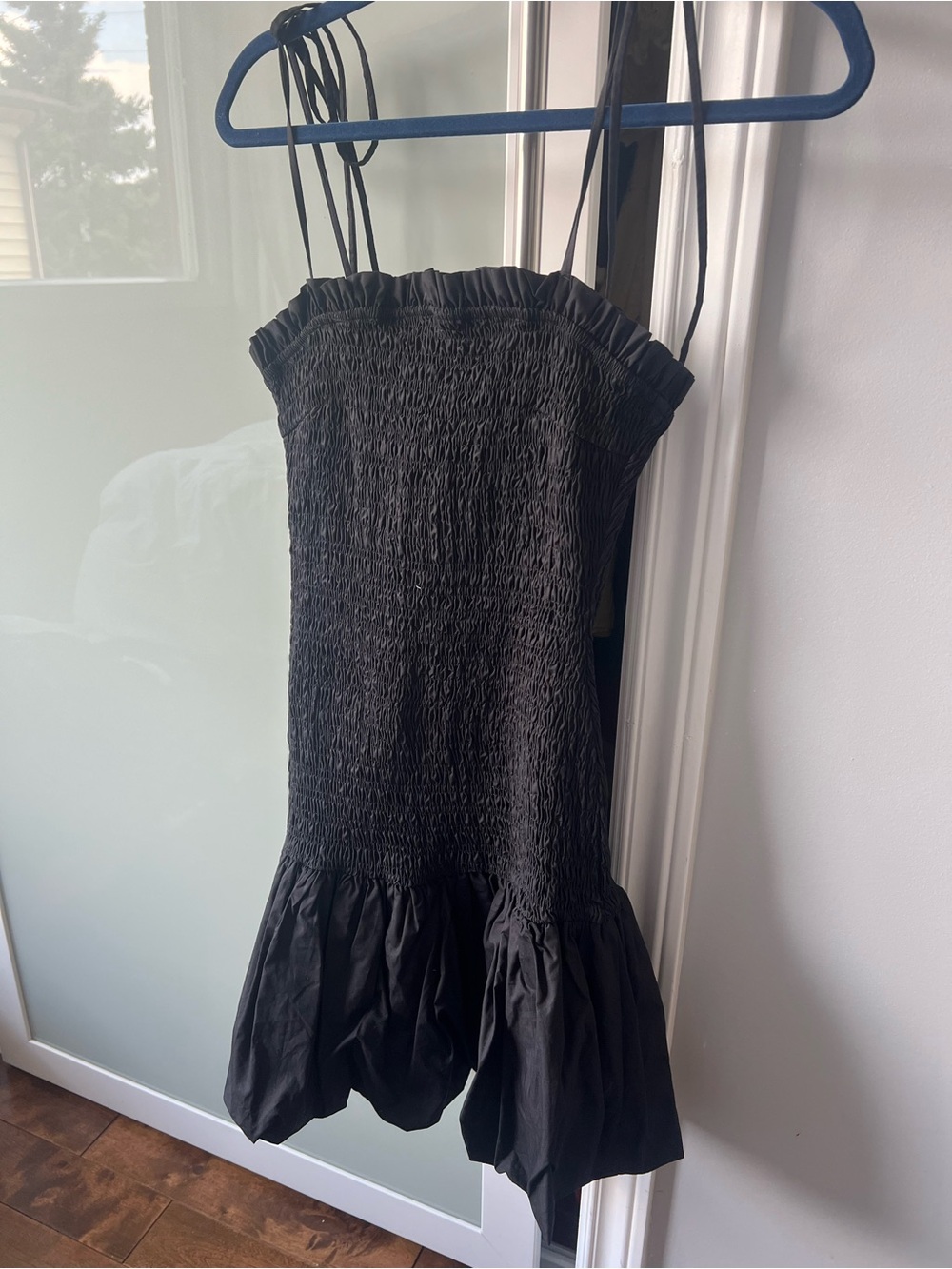 En Saison Black Smocked Mini Dress with Ruffle Hem